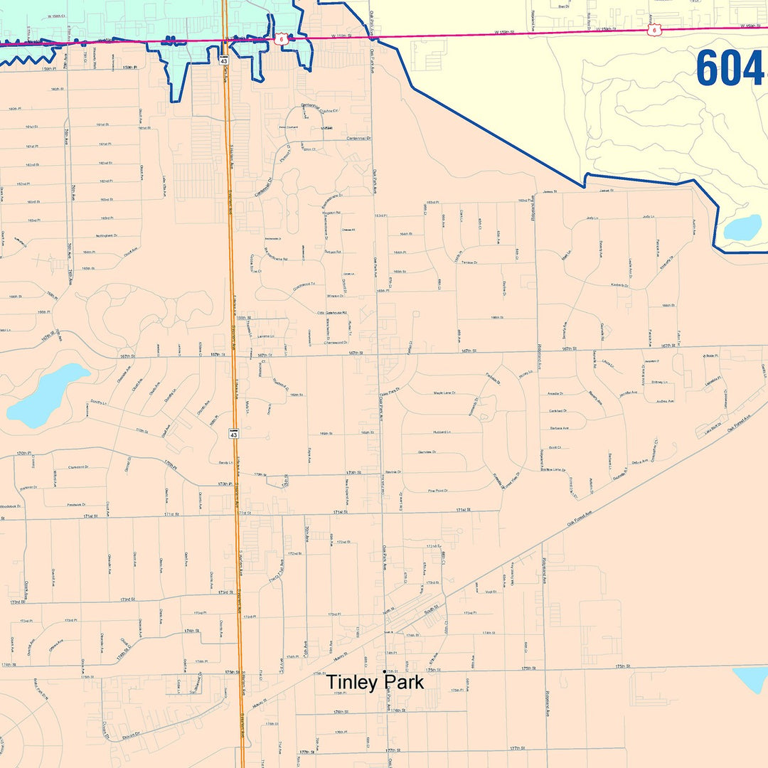 Color Cast Zip Code Style Wall Map of Tinley Park, IL