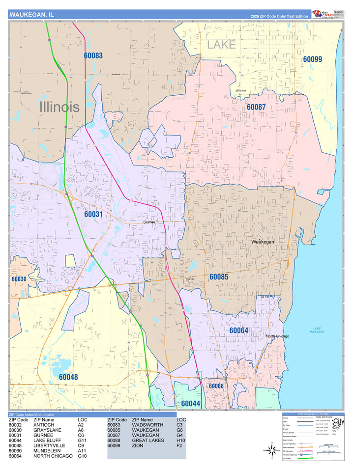 Color Cast Zip Code Style Wall Map of Waukegan, IL