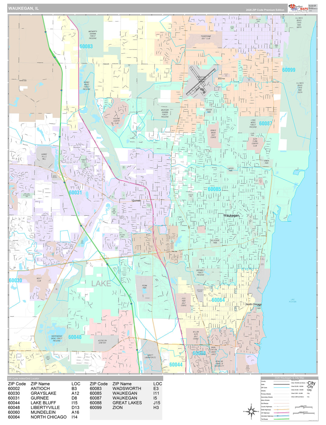 Premium Style Wall Map of Waukegan, IL