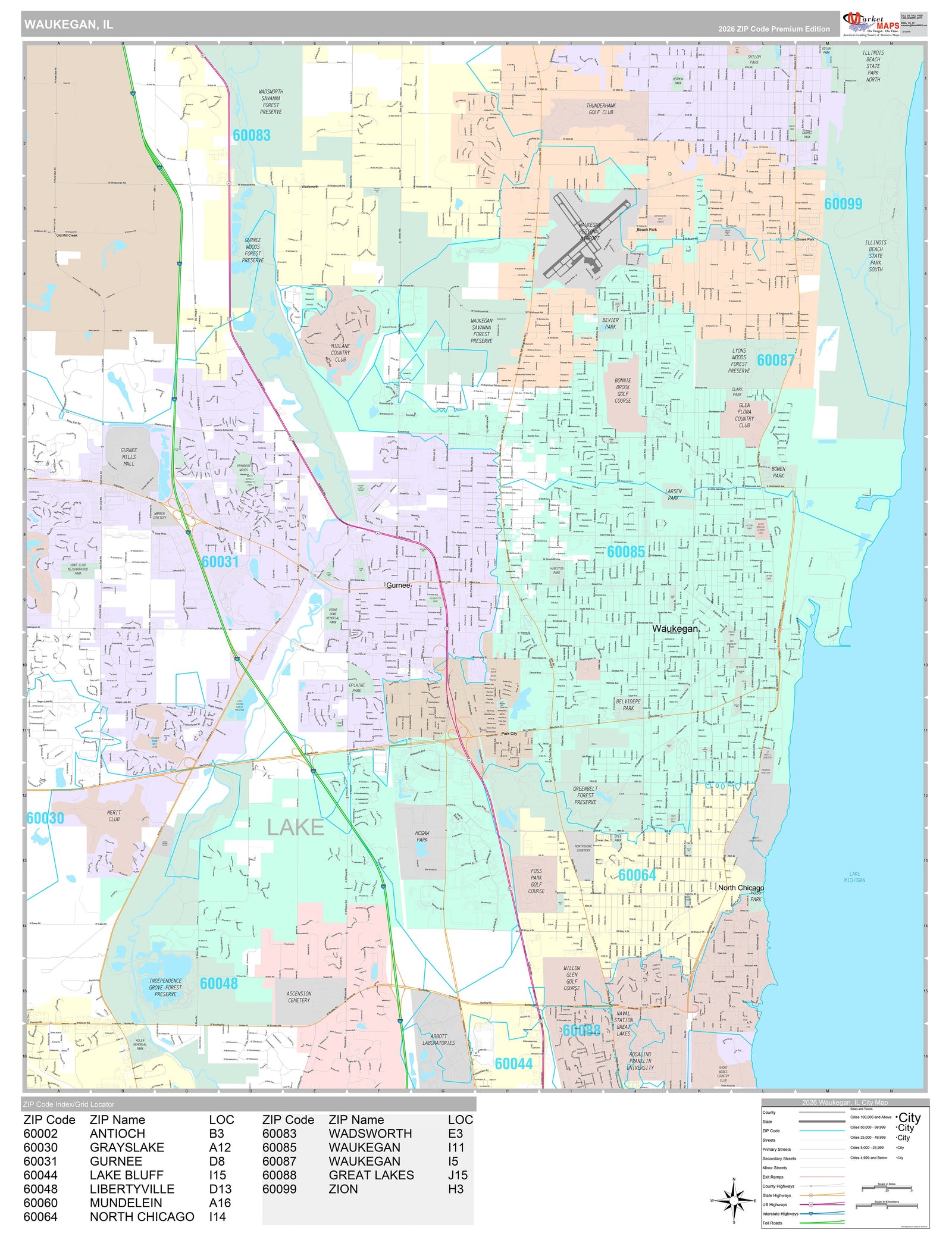 Premium Style Wall Map of Waukegan, IL