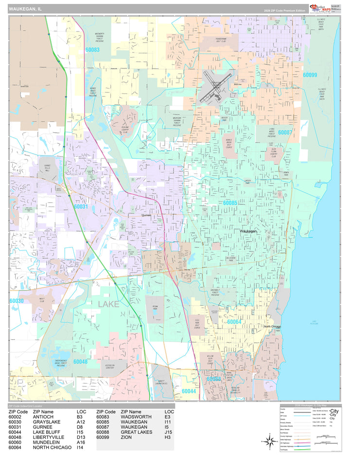 Premium Style Wall Map of Waukegan, IL