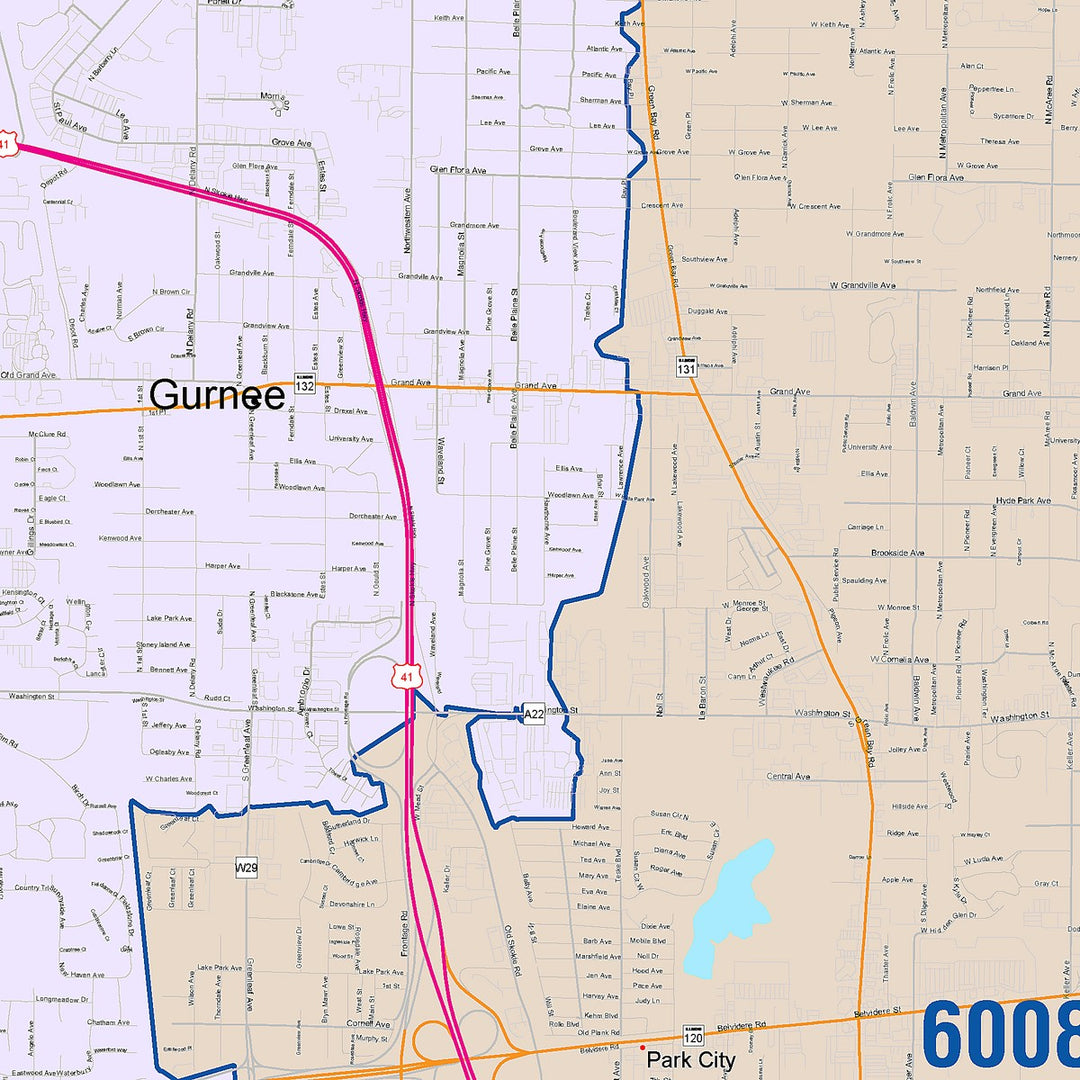 Color Cast Zip Code Style Wall Map of Waukegan, IL