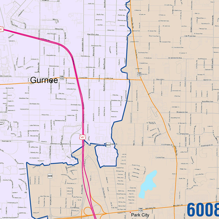 Color Cast Zip Code Style Wall Map of Waukegan, IL