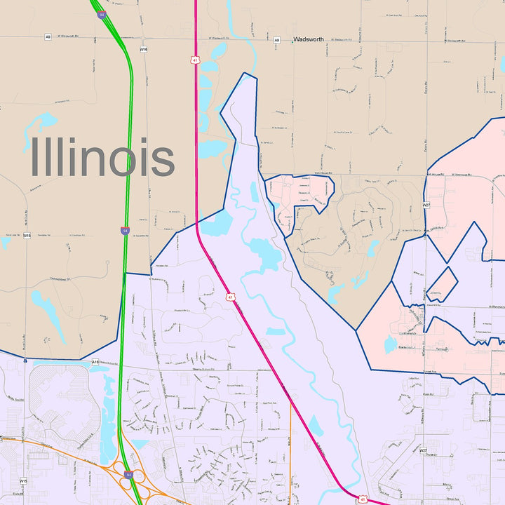 Color Cast Zip Code Style Wall Map of Waukegan, IL
