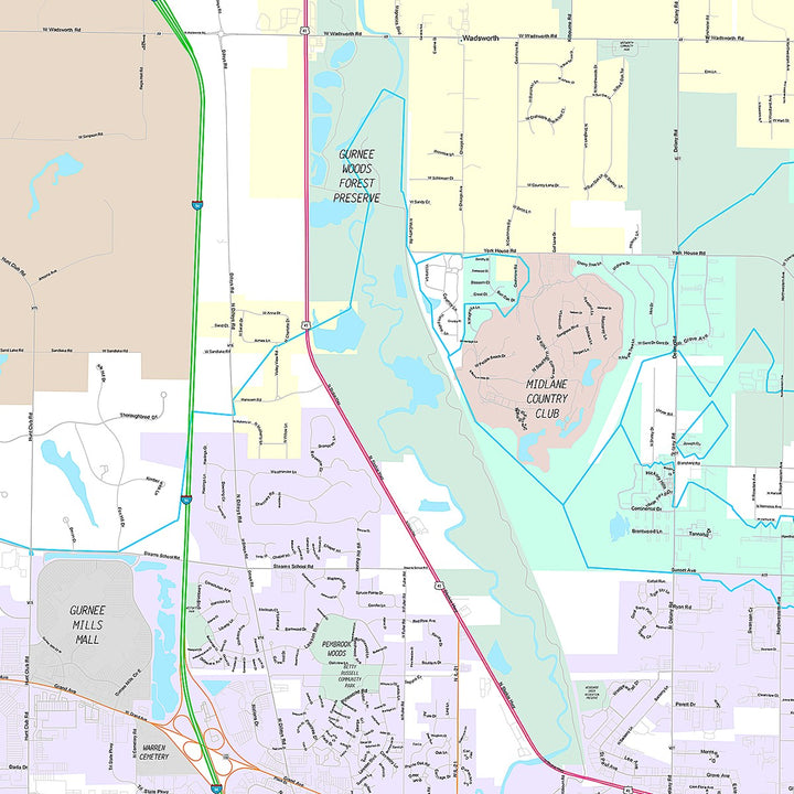 Premium Style Wall Map of Waukegan, IL