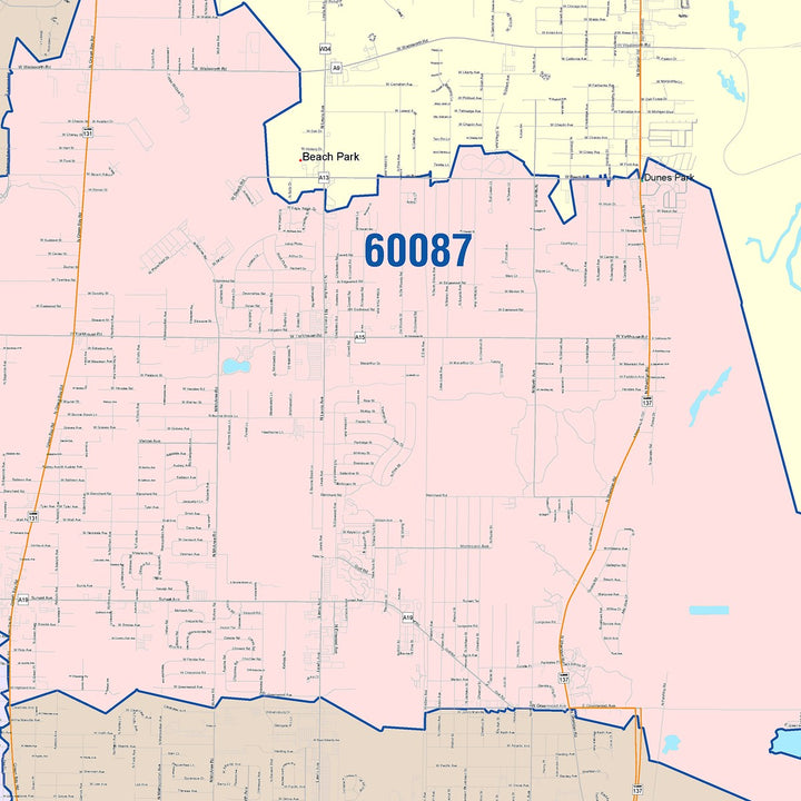 Color Cast Zip Code Style Wall Map of Waukegan, IL