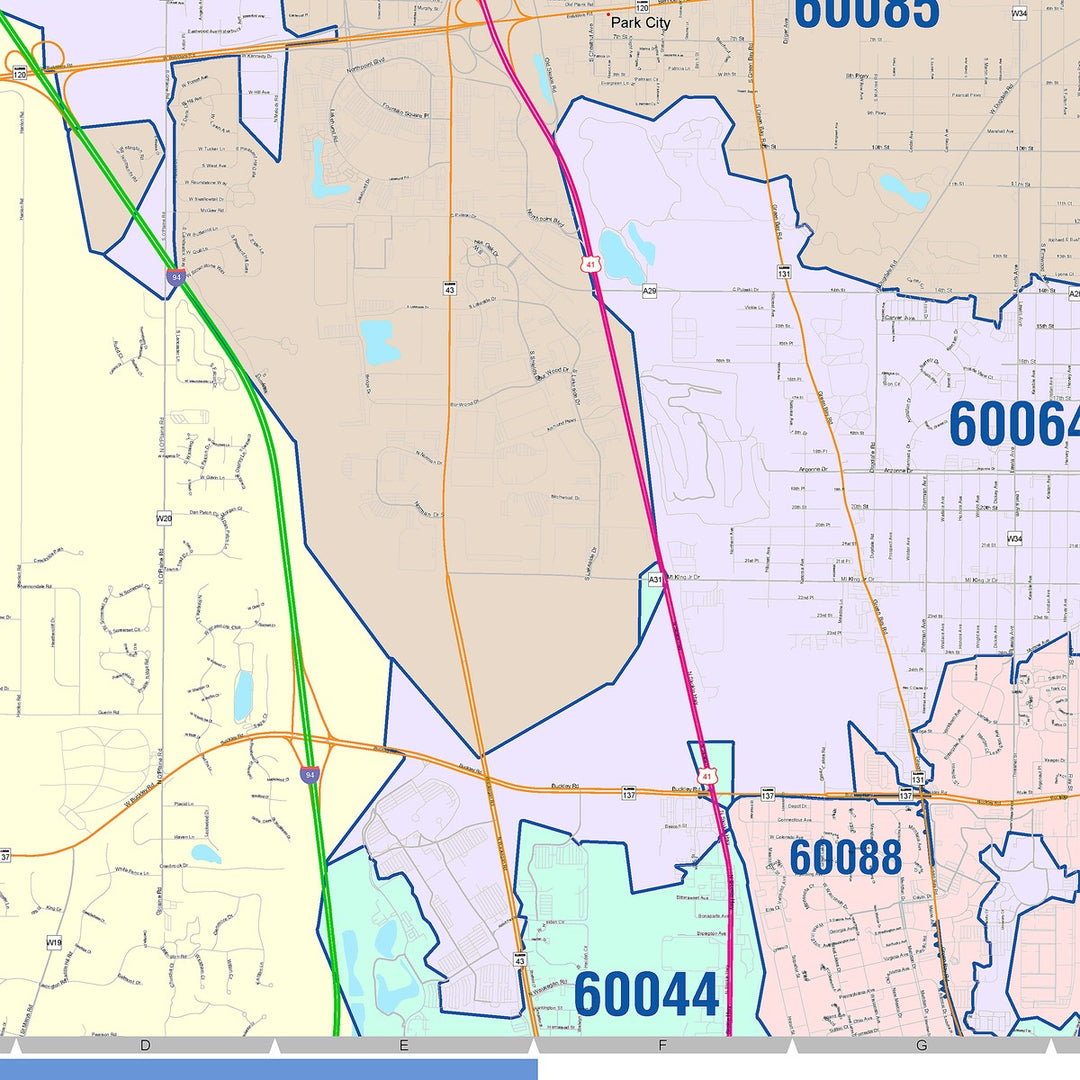 Color Cast Zip Code Style Wall Map of Waukegan, IL