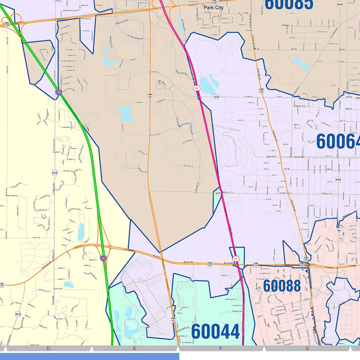 Color Cast Zip Code Style Wall Map of Waukegan, IL