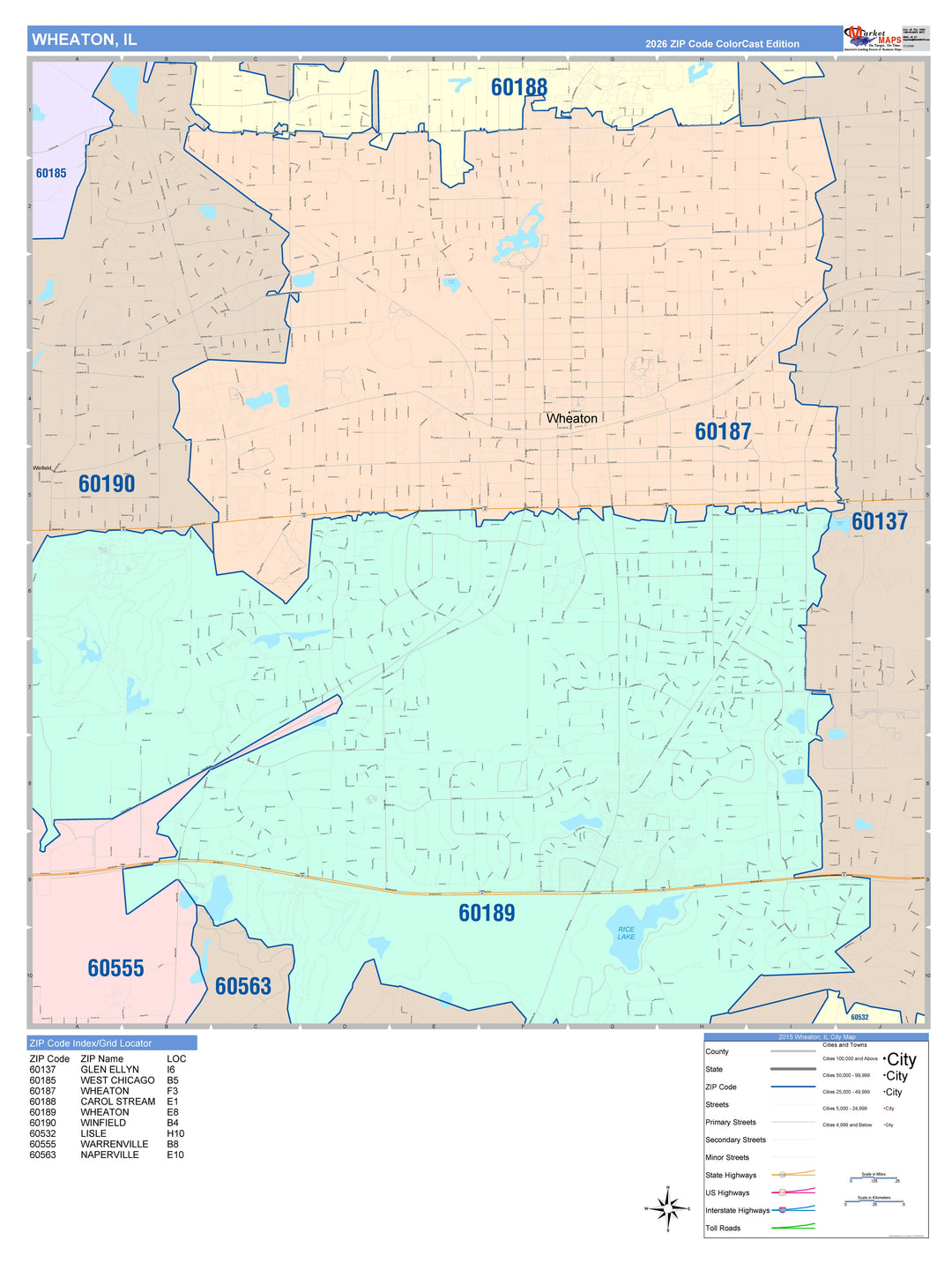 Color Cast Zip Code Style Wall Map of Wheaton, IL