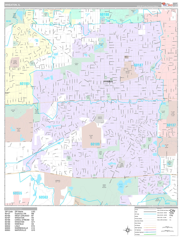 Premium Style Wall Map of Wheaton, IL