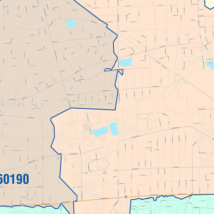 Color Cast Zip Code Style Wall Map of Wheaton, IL