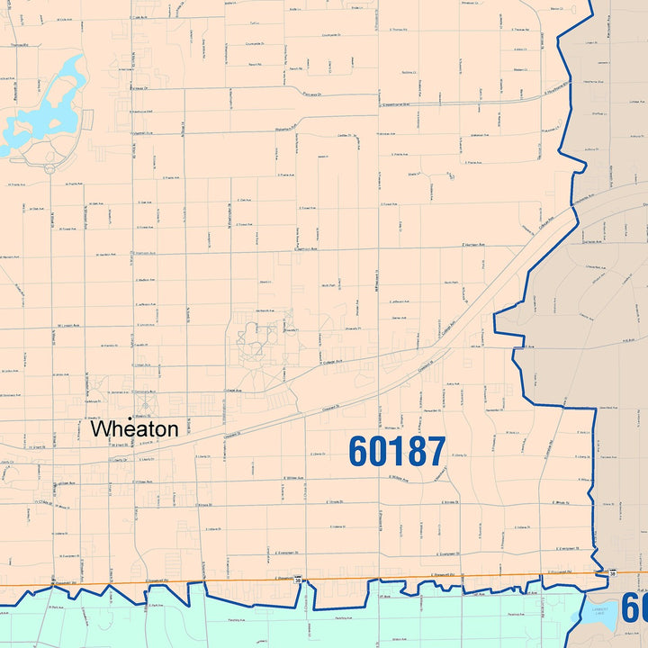 Color Cast Zip Code Style Wall Map of Wheaton, IL
