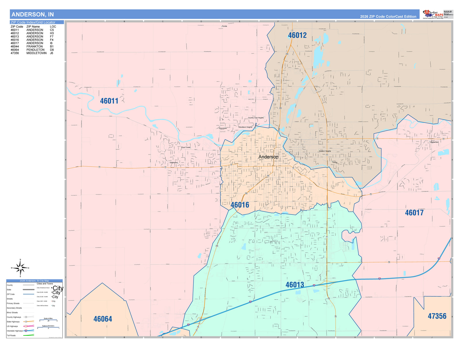 Color Cast Zip Code Style Wall Map of Anderson, IN