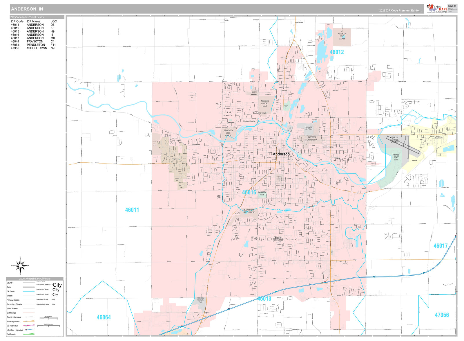 Premium Style Wall Map of Anderson, IN