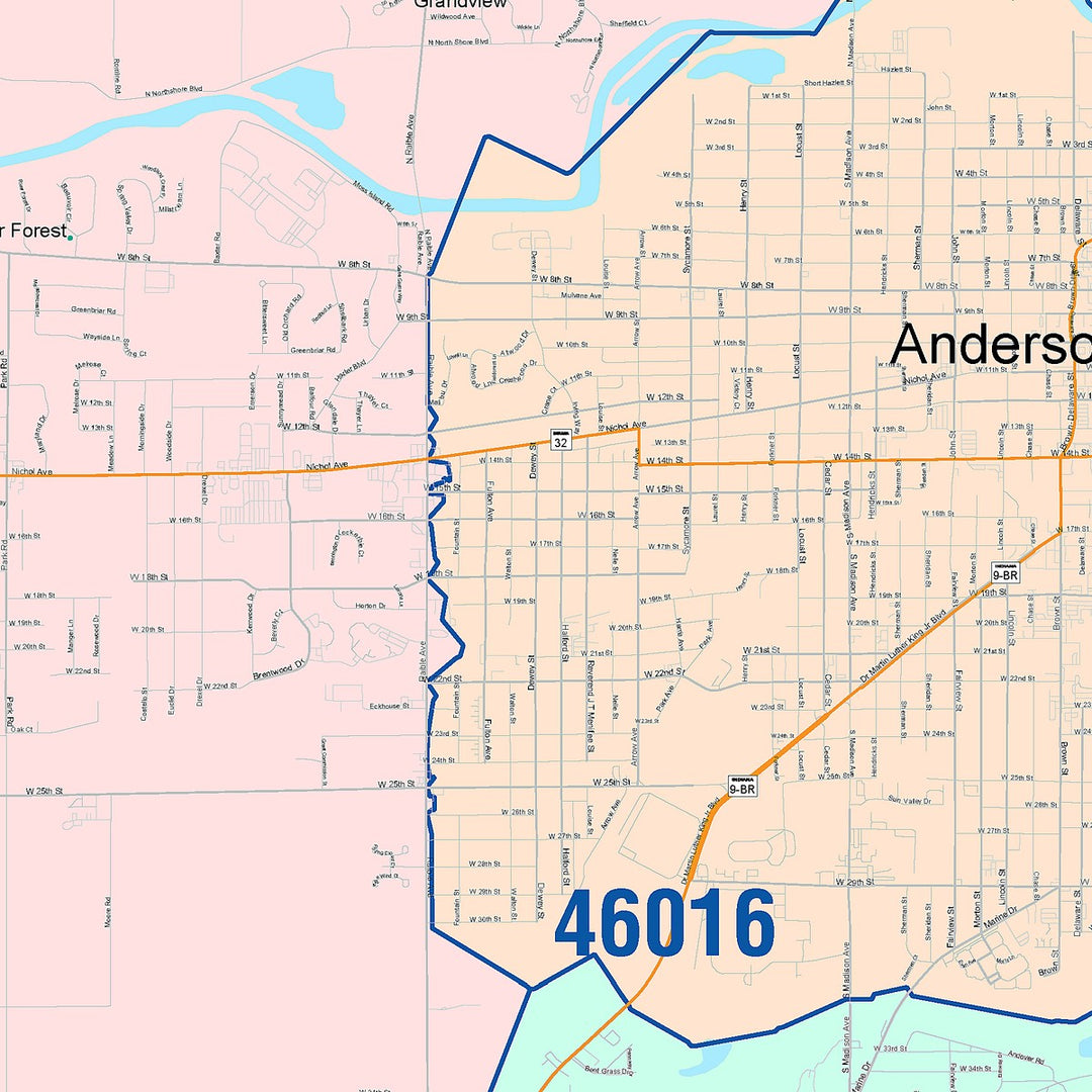 Color Cast Zip Code Style Wall Map of Anderson, IN