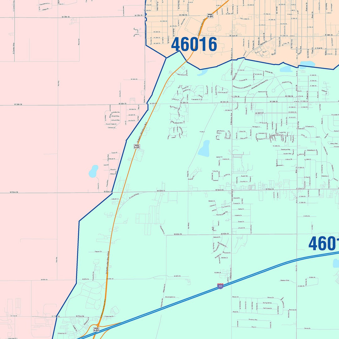 Color Cast Zip Code Style Wall Map of Anderson, IN