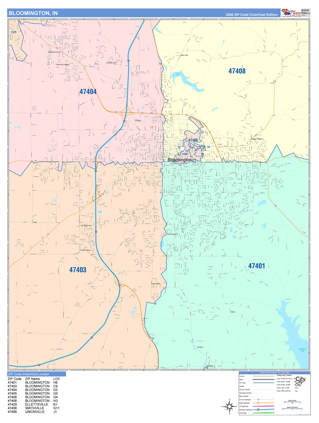Color Cast Wall Map of Bloomington, IN