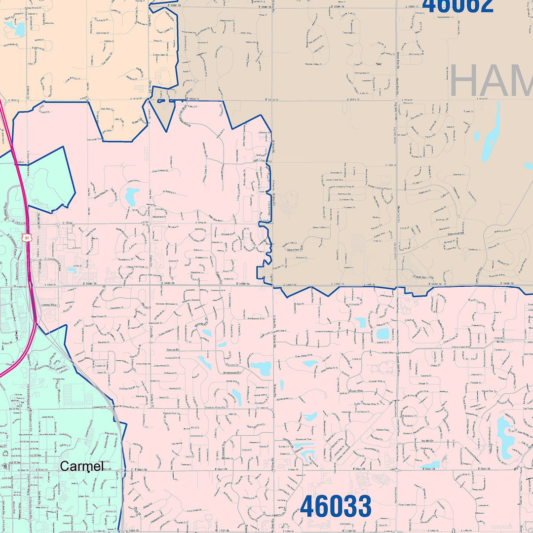 Color Cast Wall Map of Carmel, IN