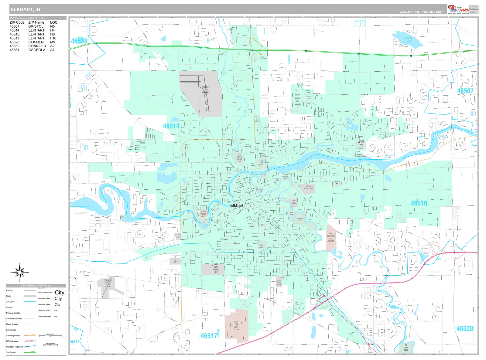 Premium Style Wall Map of Elkhart, IN