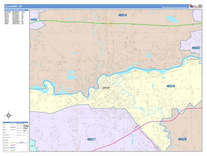 Color Cast Wall Map of Elkhart, IN