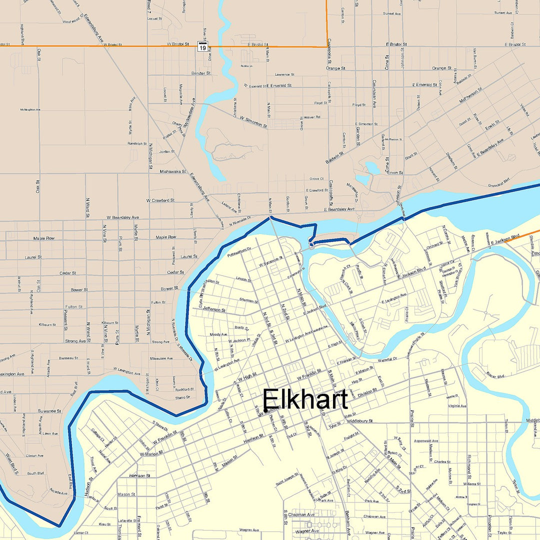 Color Cast Wall Map of Elkhart, IN
