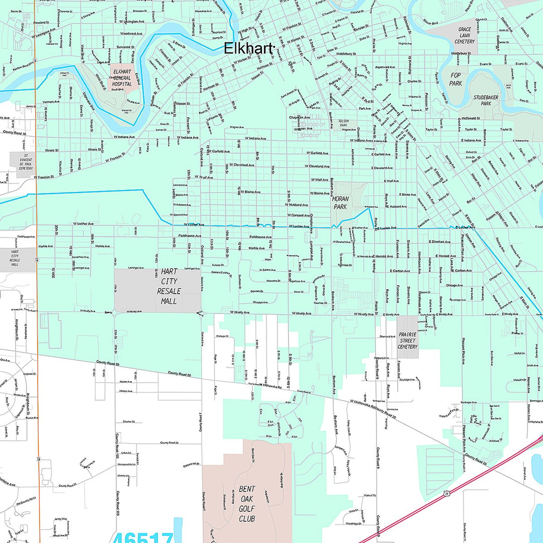 Premium Style Wall Map of Elkhart, IN