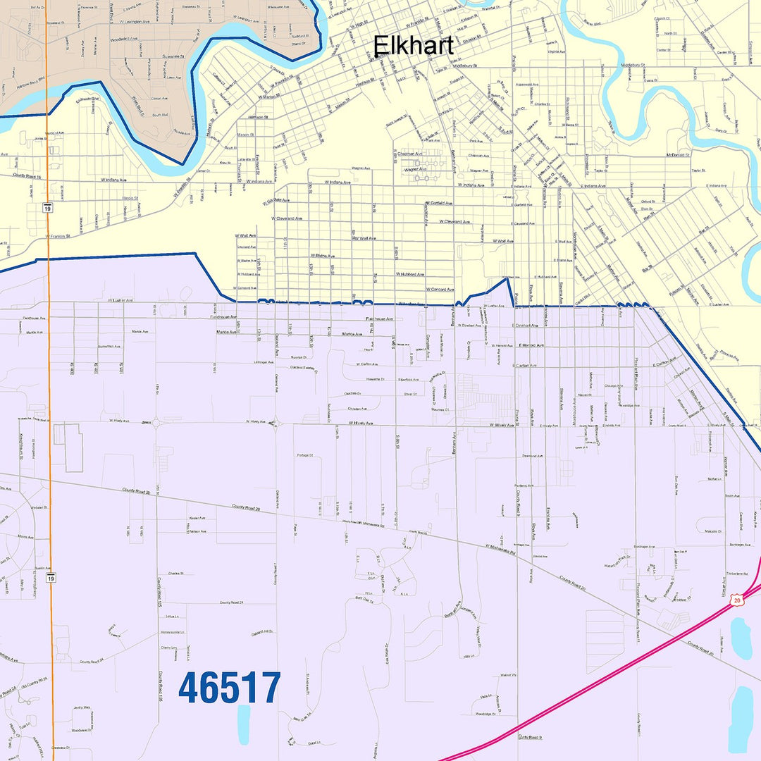 Color Cast Wall Map of Elkhart, IN