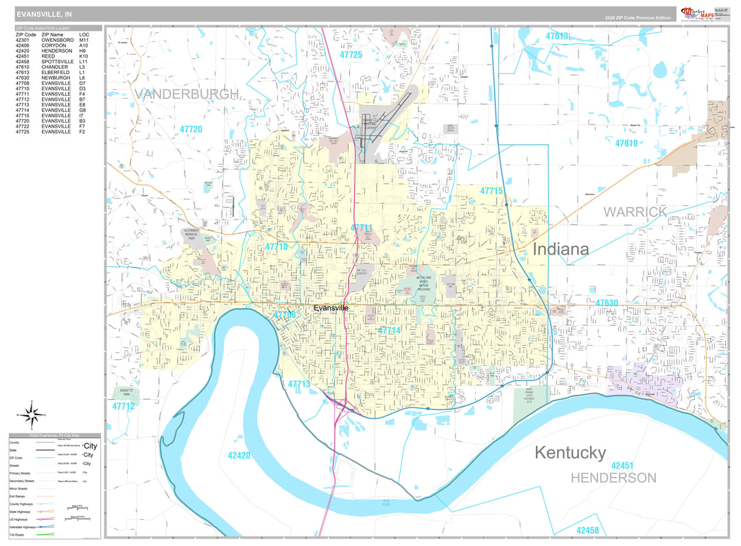Premium Style Wall Map of Evansville, IN