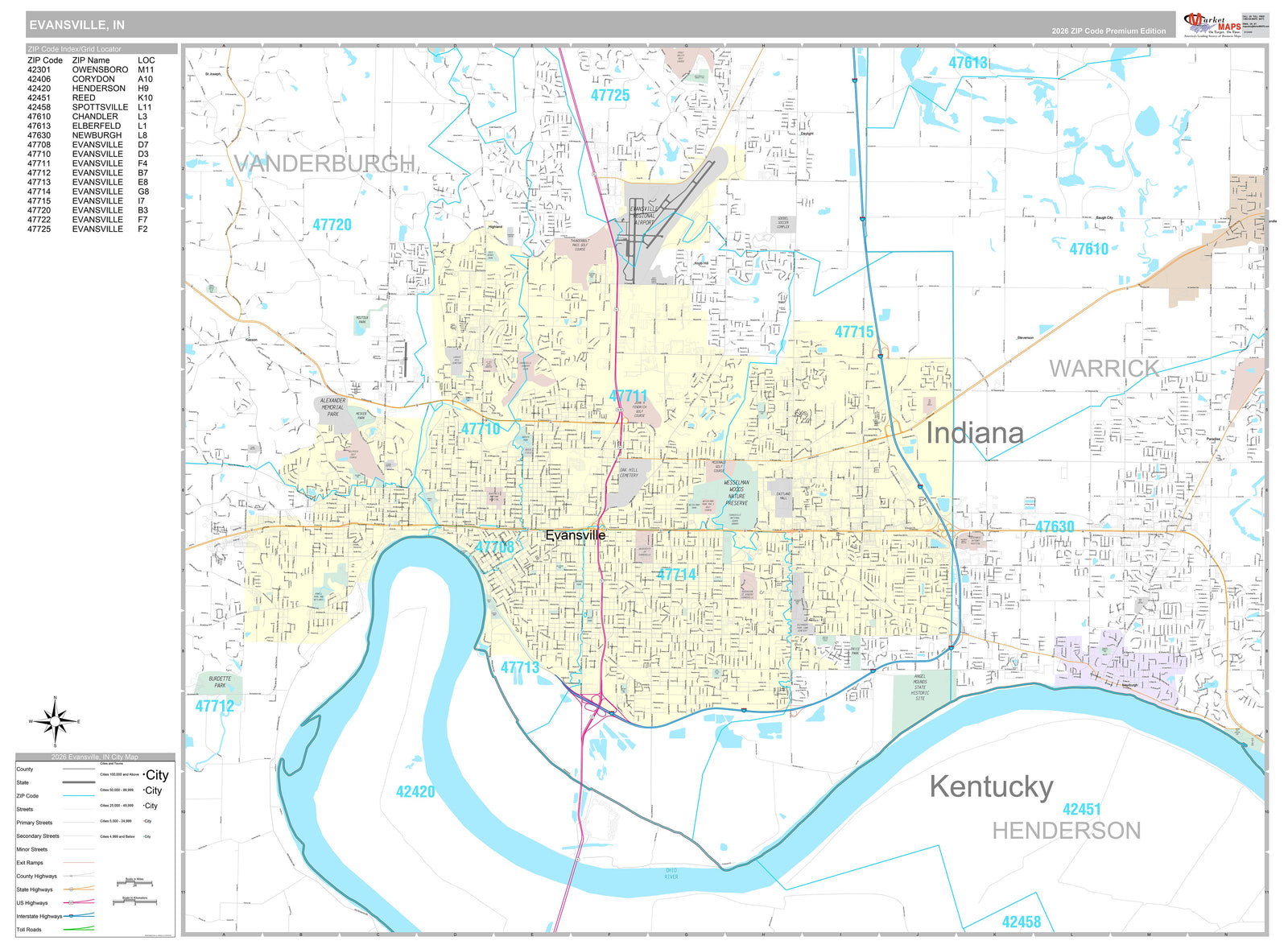 Premium Style Wall Map of Evansville, IN