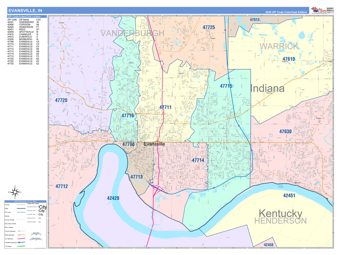 Color Cast Wall Map of Evansville, IN