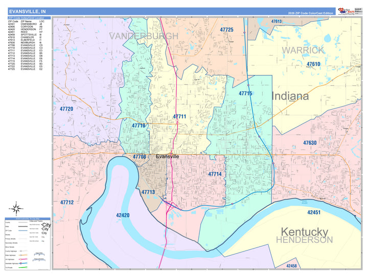 Color Cast Wall Map of Evansville, IN