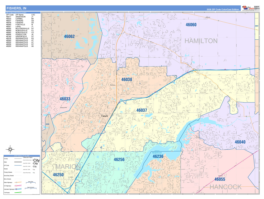 Color Cast Wall Map of Fishers, IN