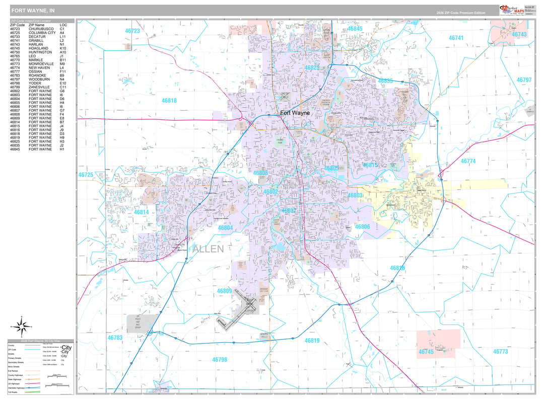 Premium Style Wall Map of Fort Wayne IN.
