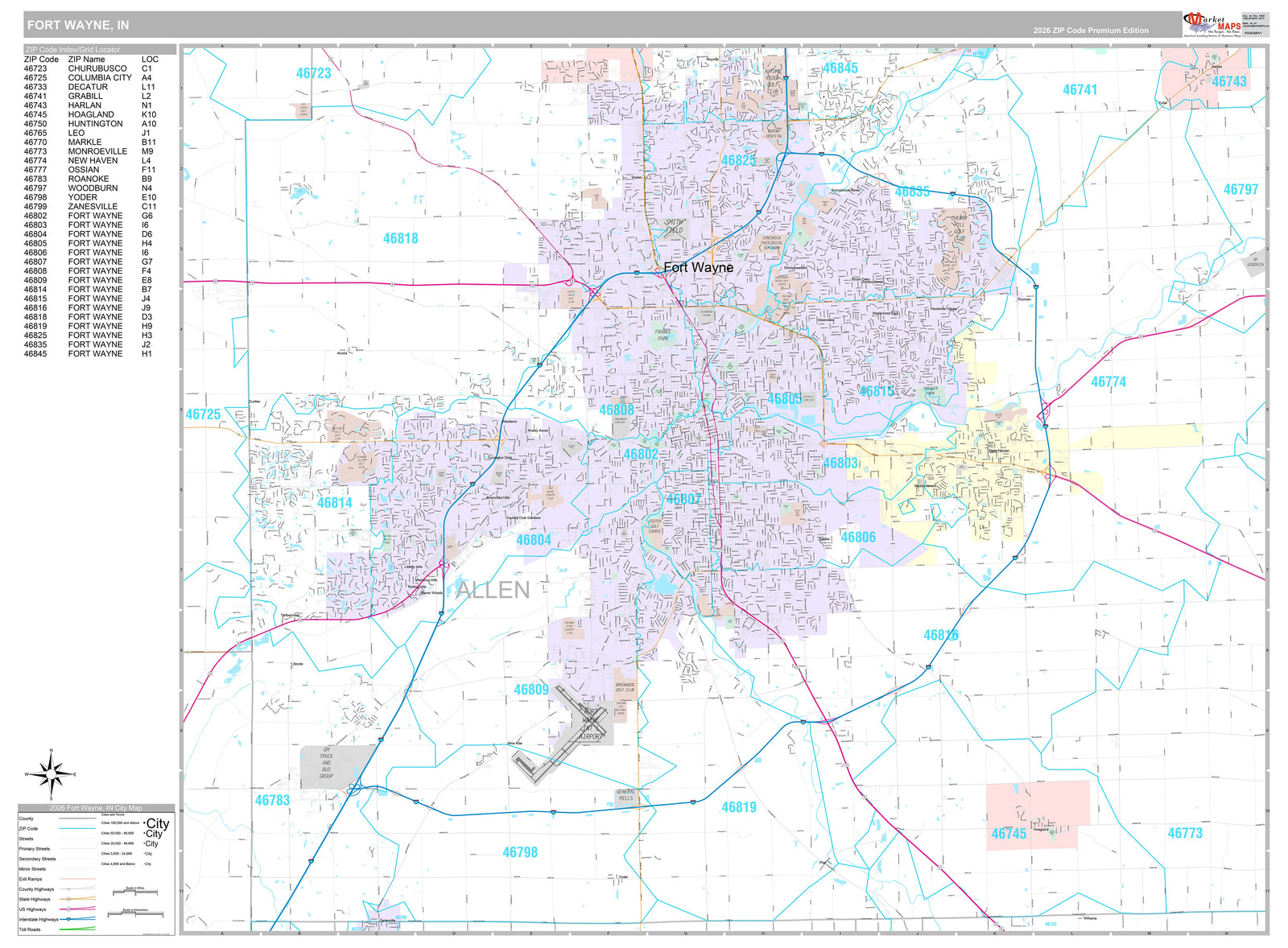 Premium Style Wall Map of Fort Wayne IN.