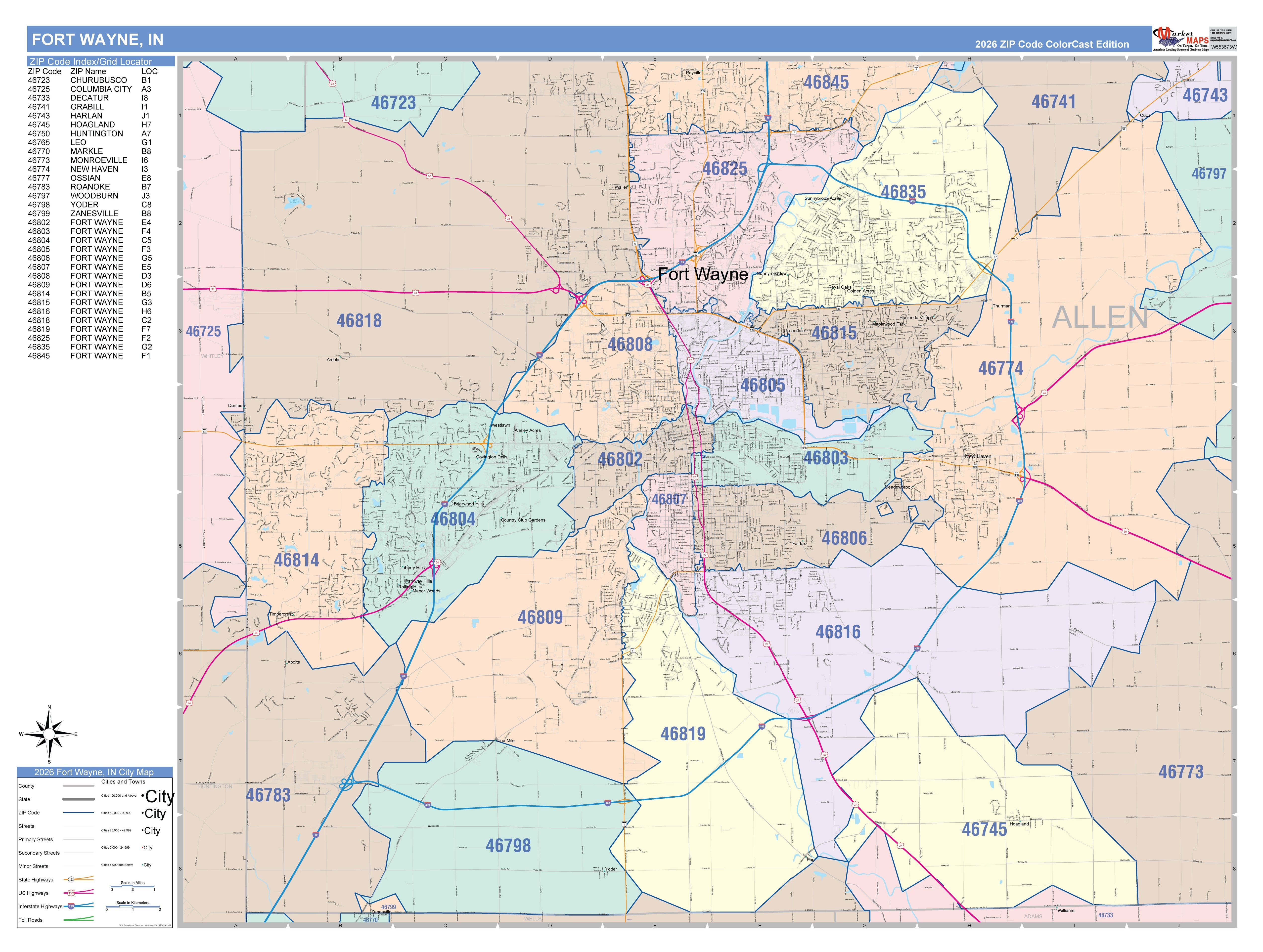 Colorcast Zip Code Style Wall Map of Fort Wayne, IN – American Map