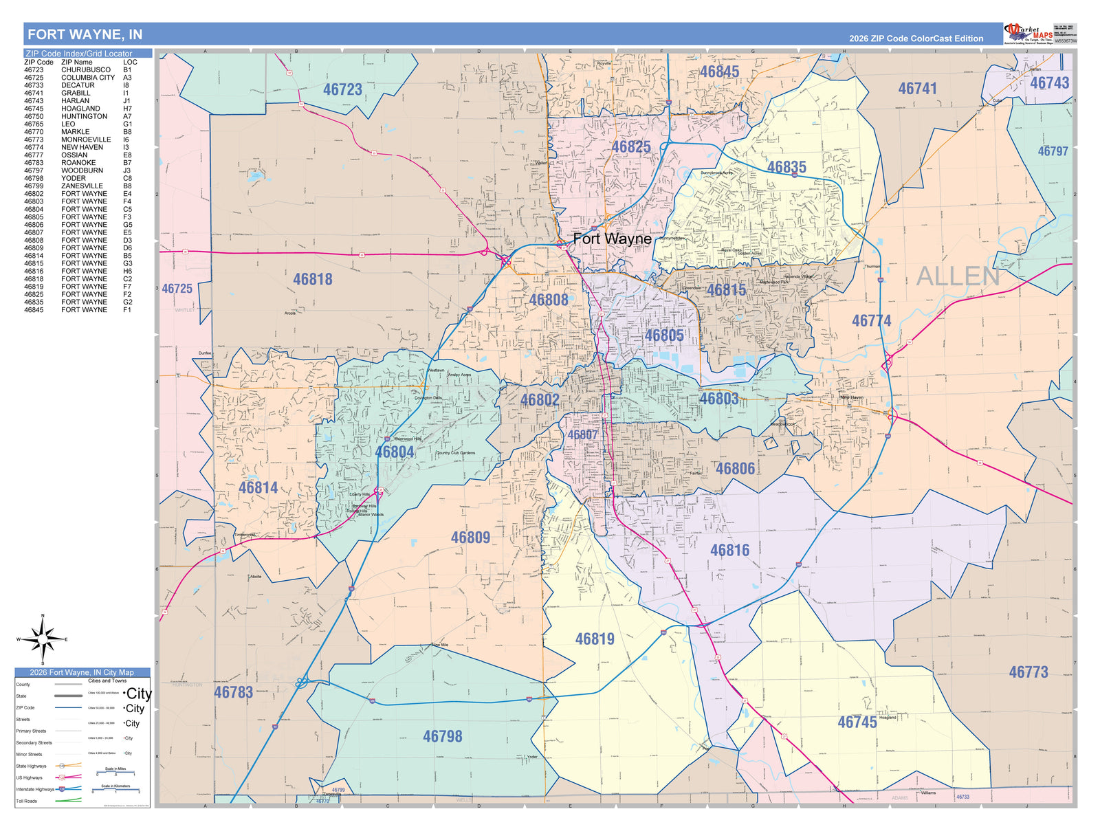 Colorcast Zip Code Style Wall Map of Fort Wayne IN