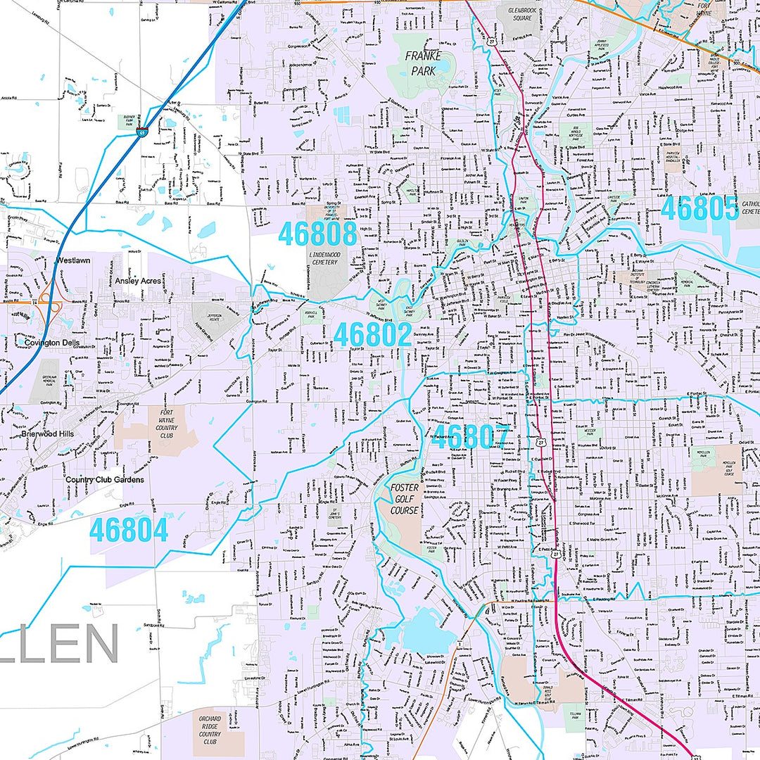 Premium Style Wall Map of Fort Wayne IN.