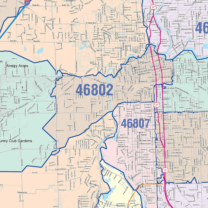 Colorcast Zip Code Style Wall Map of Fort Wayne IN