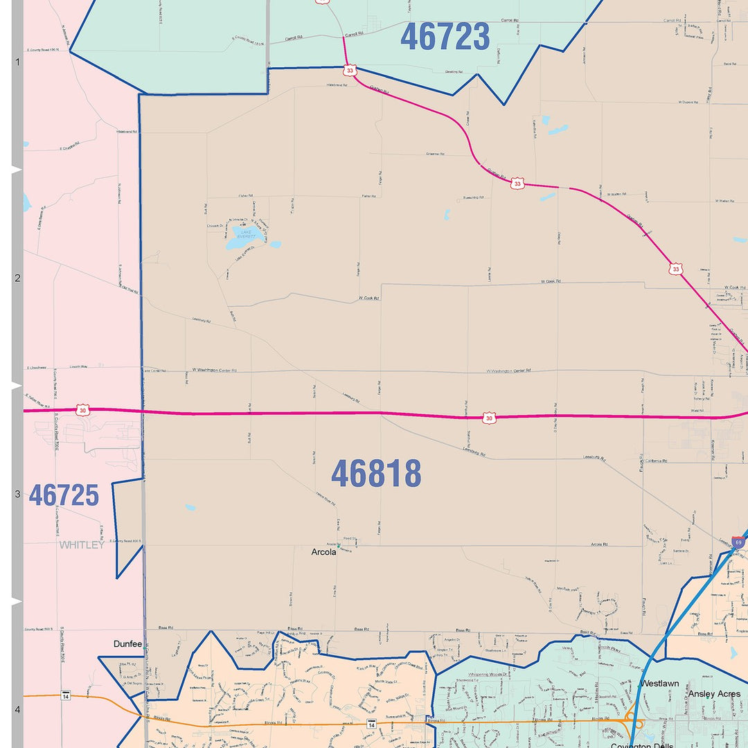 Colorcast Zip Code Style Wall Map of Fort Wayne IN