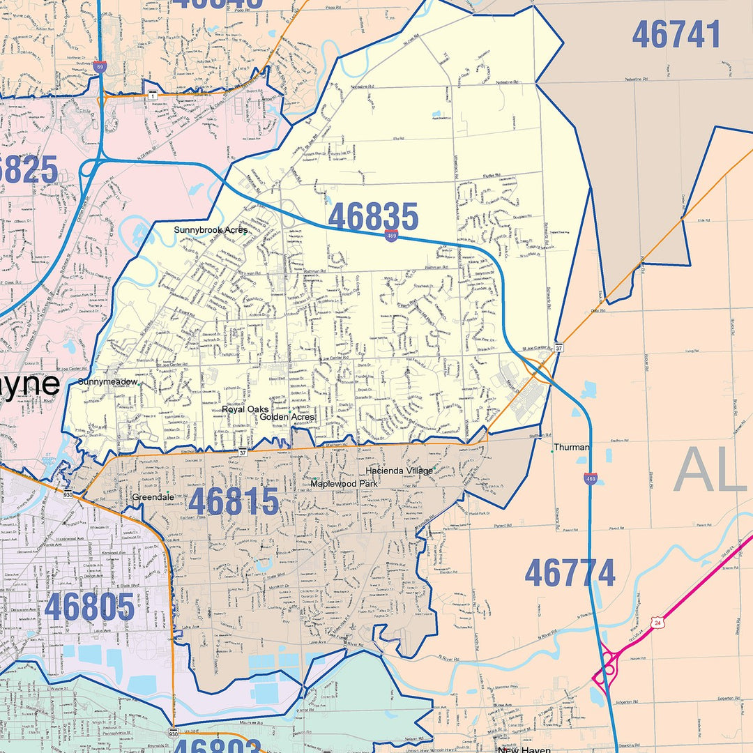 Colorcast Zip Code Style Wall Map of Fort Wayne IN