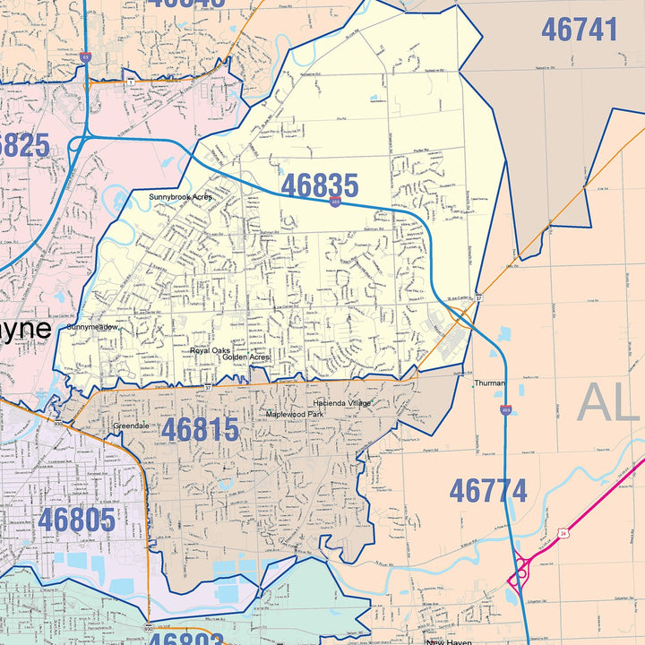 Colorcast Zip Code Style Wall Map of Fort Wayne IN