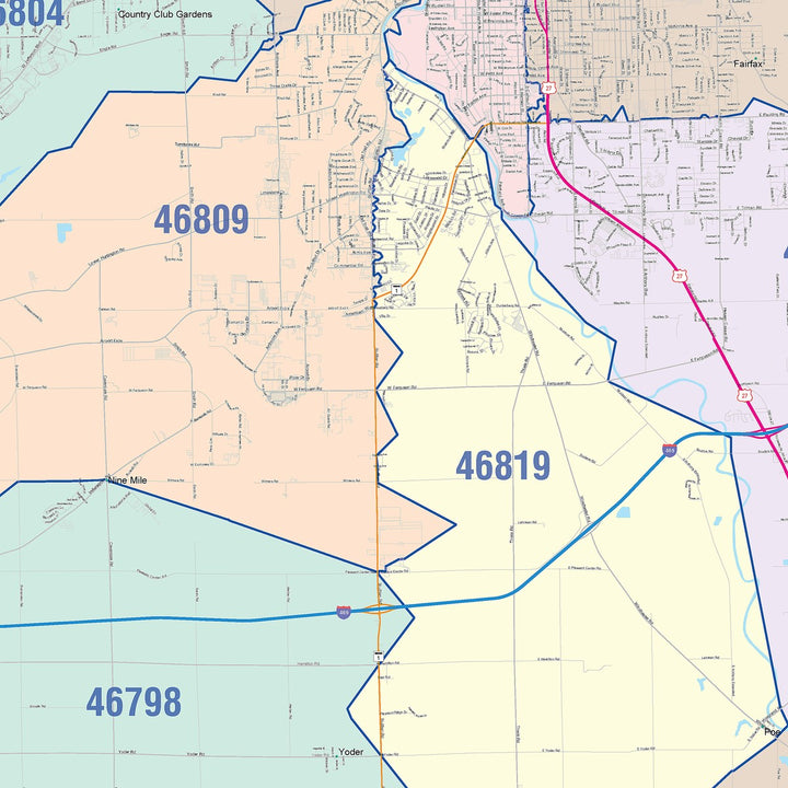 Colorcast Zip Code Style Wall Map of Fort Wayne IN