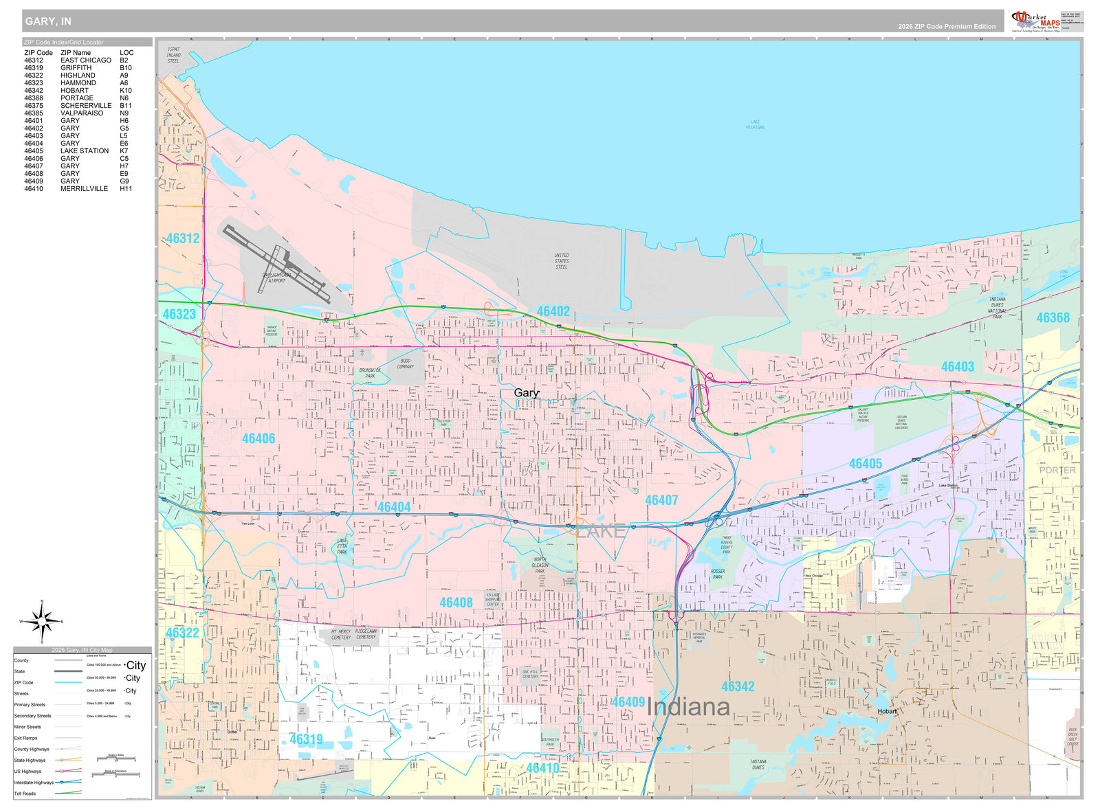 Premium Style Wall Map of Gary, IN