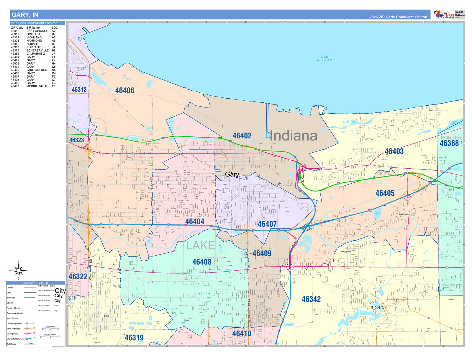 Color Cast Wall Map of Gary, IN