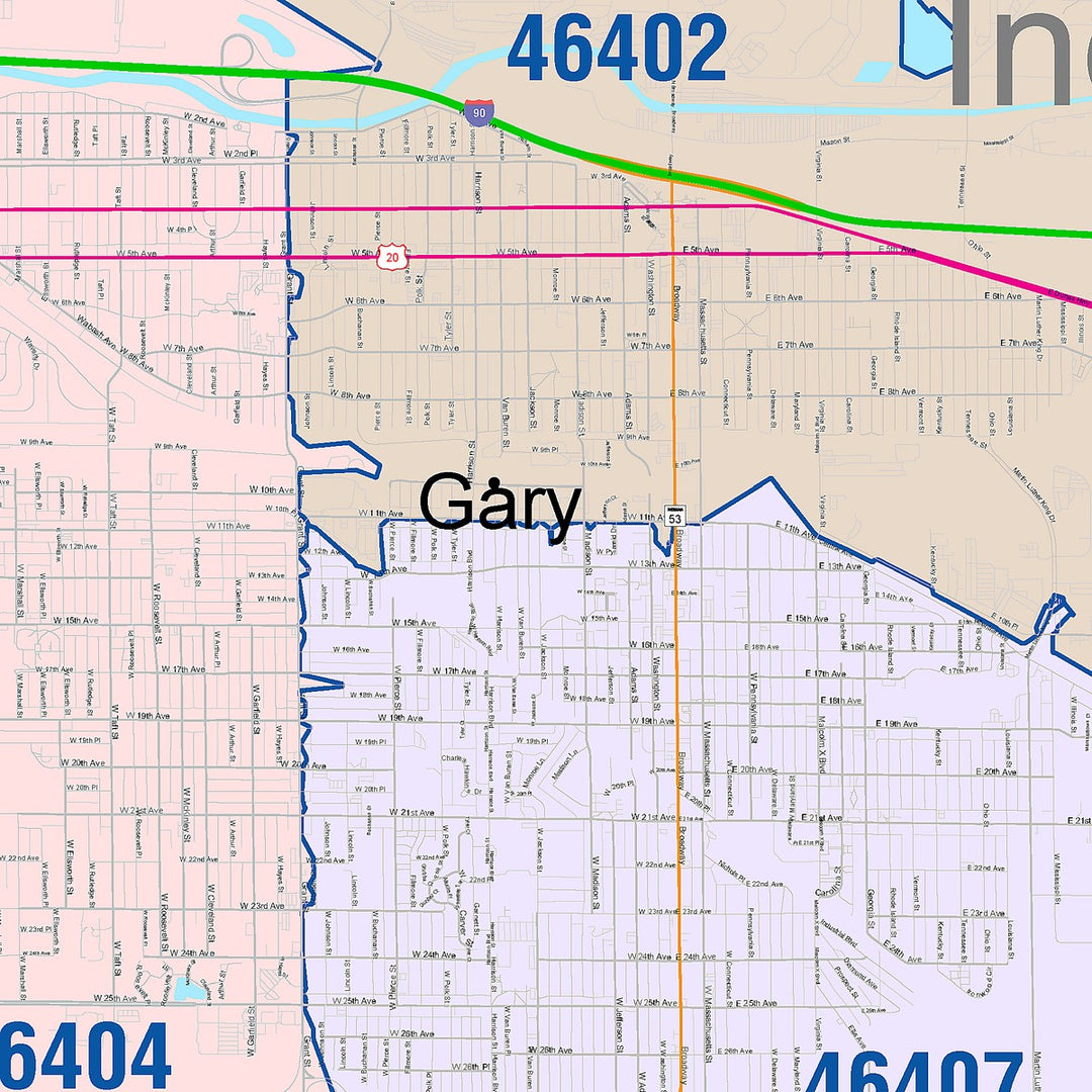 Color Cast Wall Map of Gary, IN