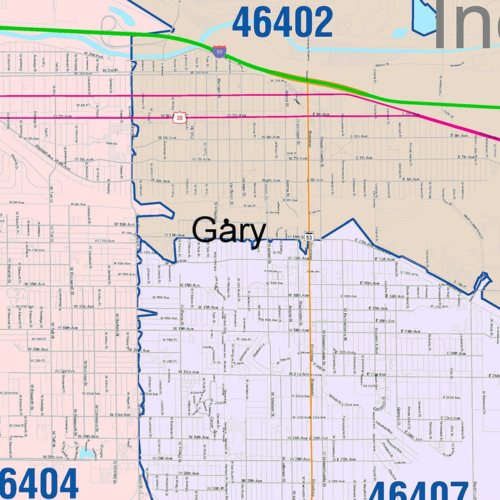 Color Cast Wall Map of Gary, IN