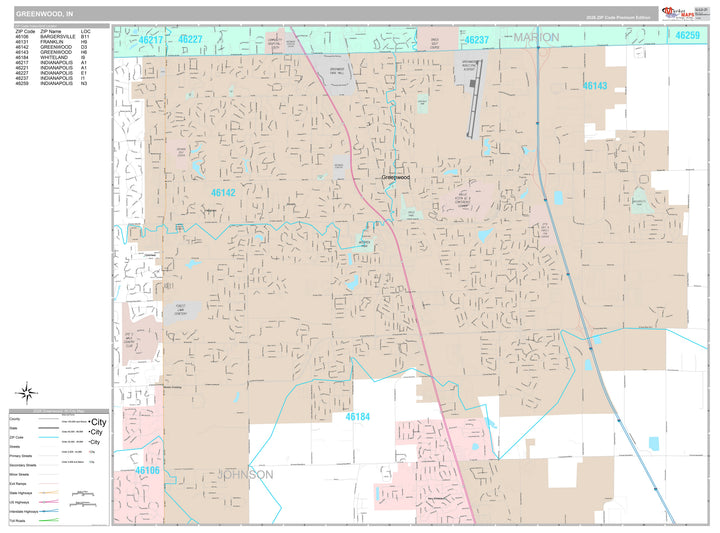 Premium Style Wall Map of Greenwood, IN