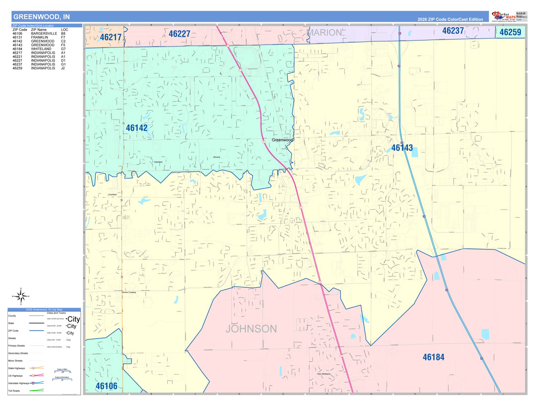 Color Cast Wall Map of Greenwood, IN