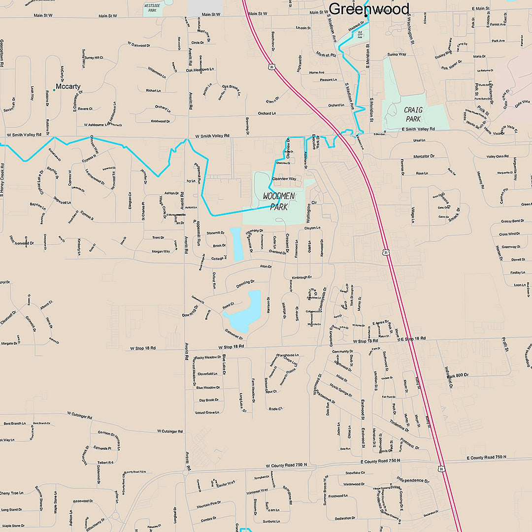 Premium Style Wall Map of Greenwood, IN