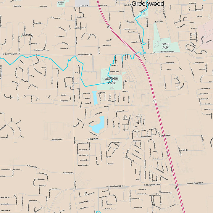 Premium Style Wall Map of Greenwood, IN
